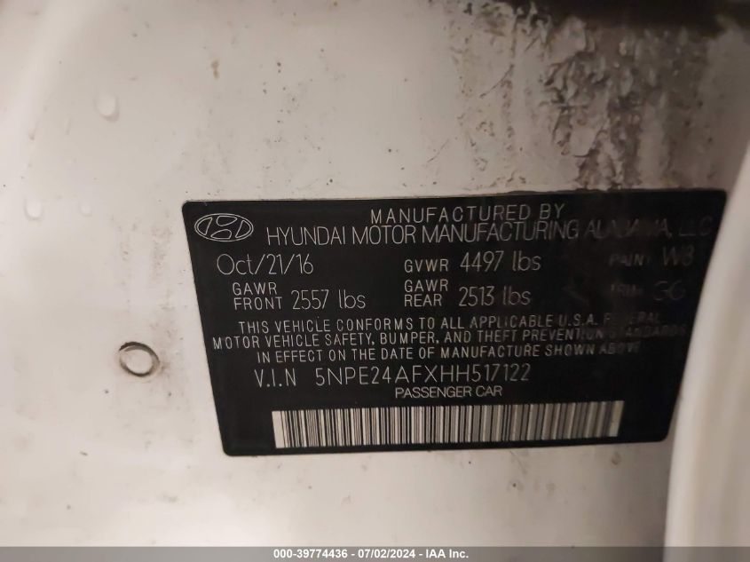 2017 Hyundai Sonata Se VIN: 5NPE24AFXHH517122 Lot: 39774436