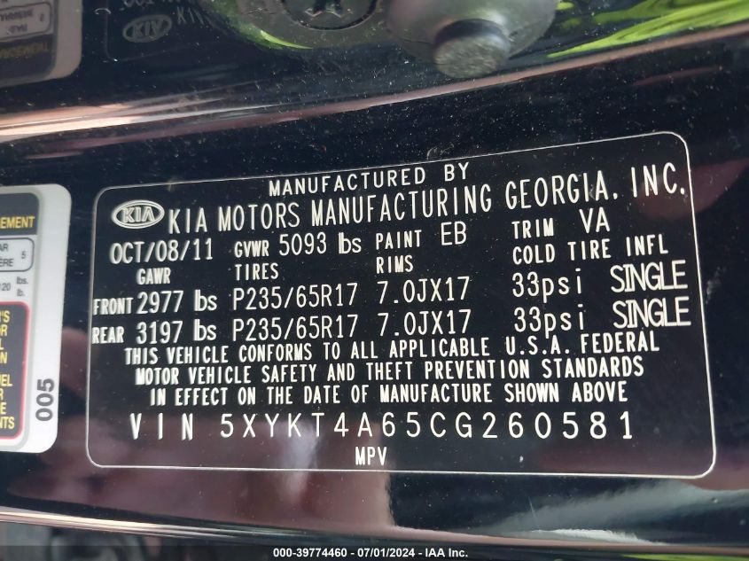 2012 Kia Sorento Lx VIN: 5XYKT4A65CG260581 Lot: 39774460