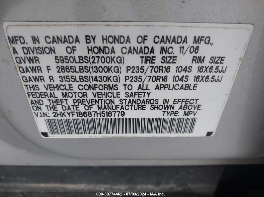 2007 Honda Pilot Ex-L VIN: 2HKYF18687H516779 Lot: 39774462