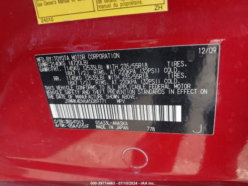 2010 Toyota Rav4 Sport V6 VIN: JTMRK4DV6A5089771 Lot: 39774463