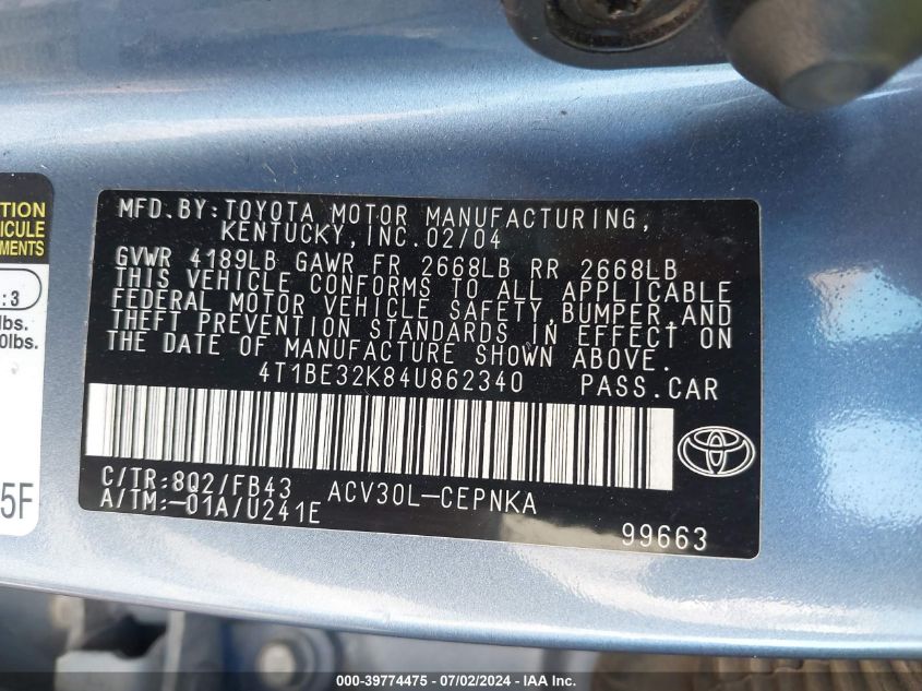 4T1BE32K84U862340 2004 Toyota Camry Le