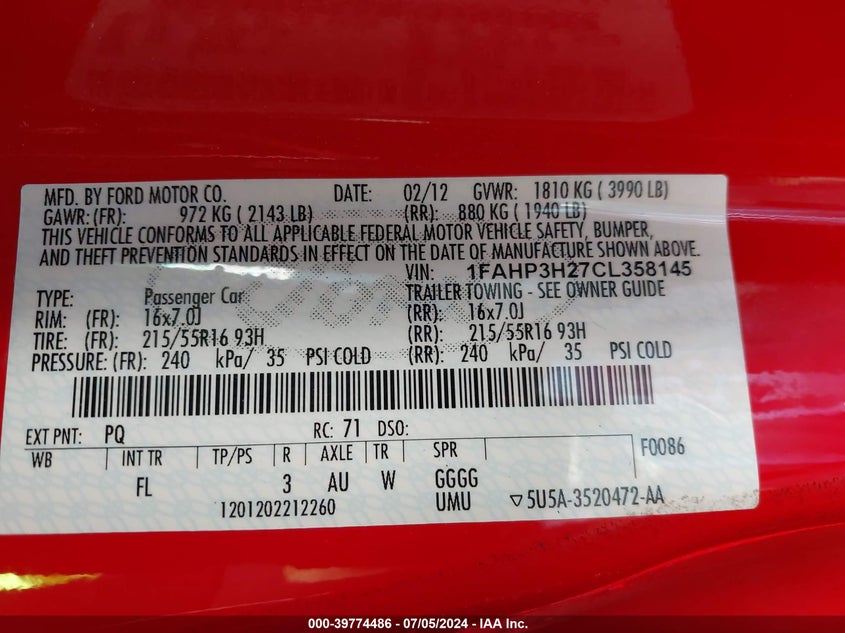 2012 Ford Focus Sel VIN: 1FAHP3H27CL358145 Lot: 39774486