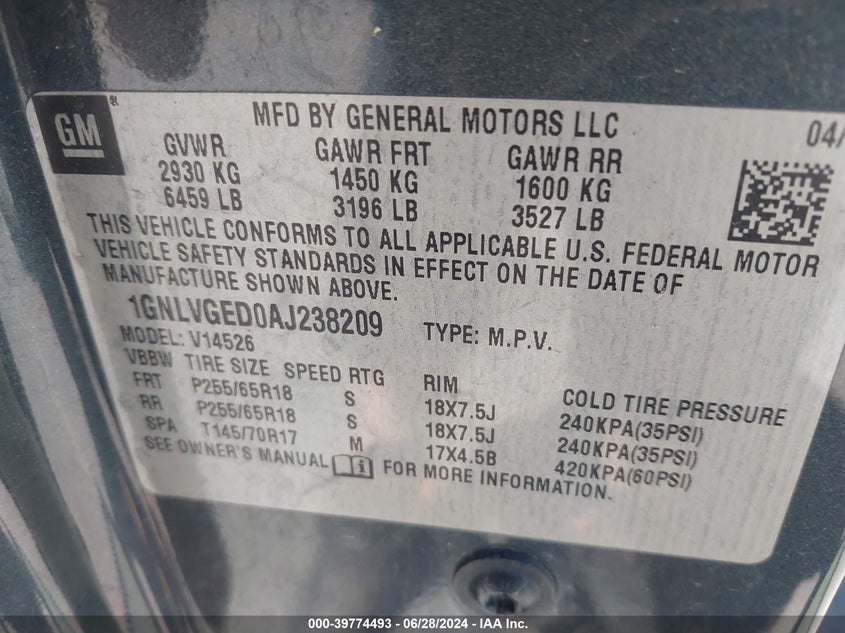 2010 Chevrolet Traverse Lt VIN: 1GNLVGED0AJ238209 Lot: 39774493