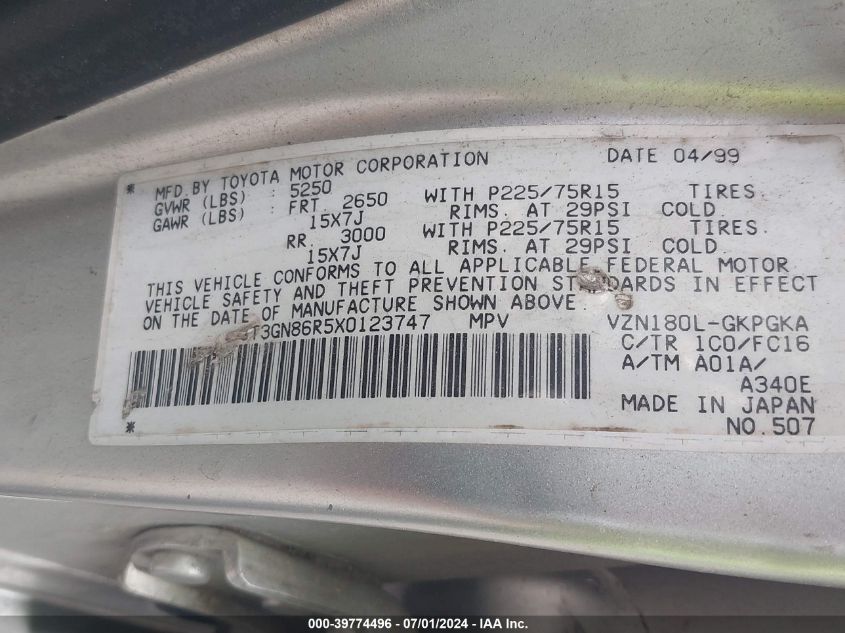 1999 Toyota 4Runner Sr5 V6 VIN: JT3GN86R5X0123747 Lot: 39774496