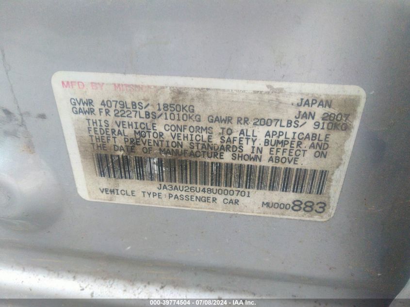 2008 Mitsubishi Lancer De/Es VIN: JA3AU26U48U000701 Lot: 39774504