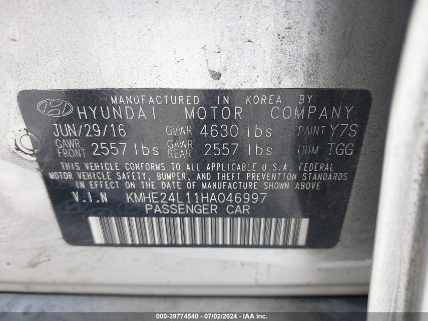 2017 Hyundai Sonata Hybrid Se VIN: KMHE24L11HA046997 Lot: 39774540