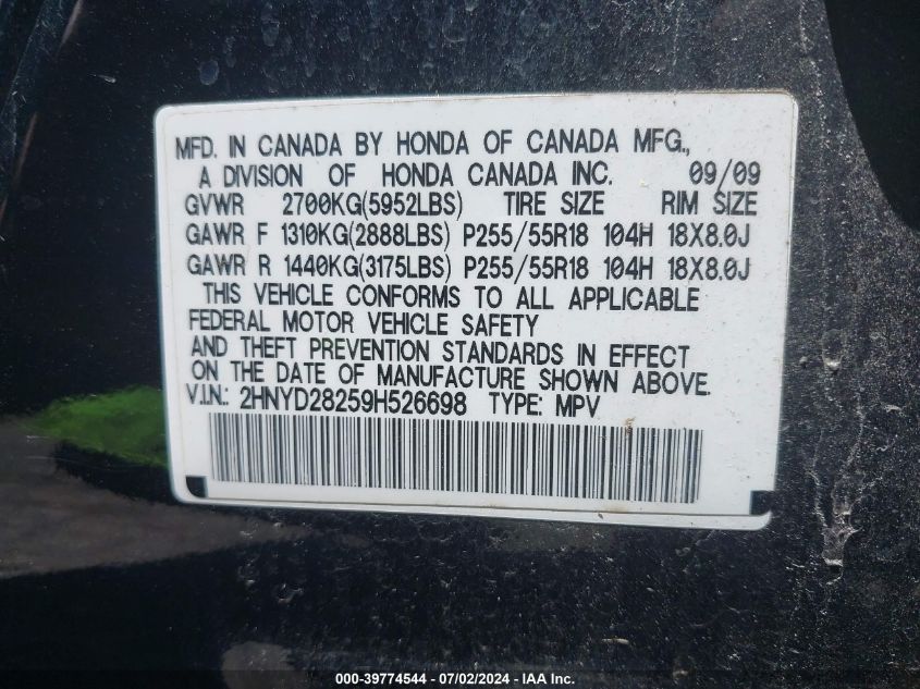 2009 Acura Mdx VIN: 2HNYD28259H526698 Lot: 39774544