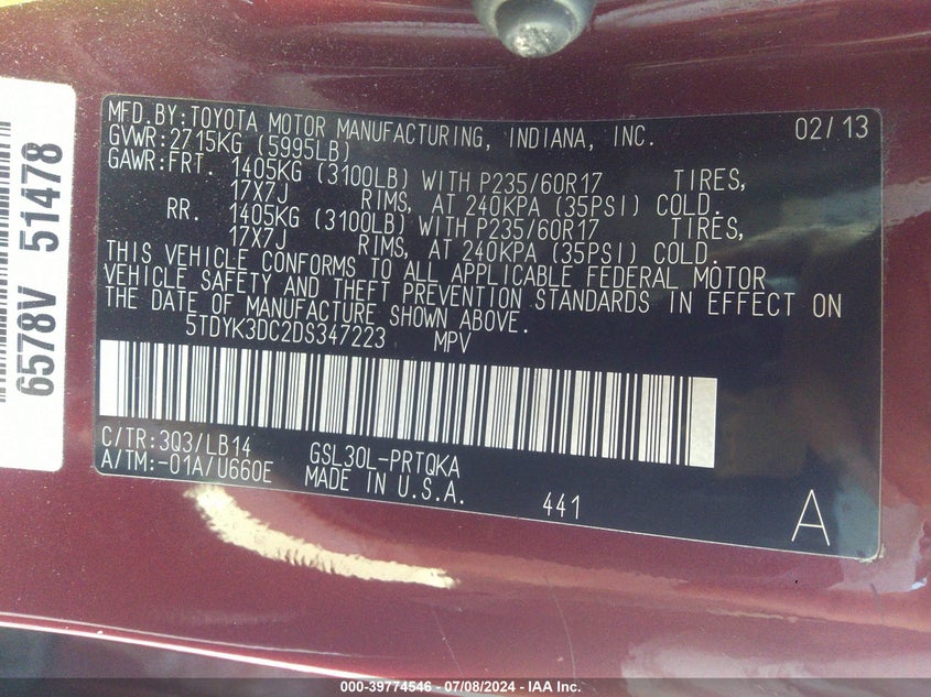 2013 Toyota Sienna Xle V6 8 Passenger VIN: 5TDYK3DC2DS347223 Lot: 39774546