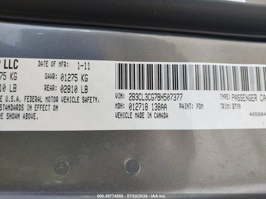 2011 Dodge Charger VIN: 2B3CL3CG7BH507377 Lot: 39774555