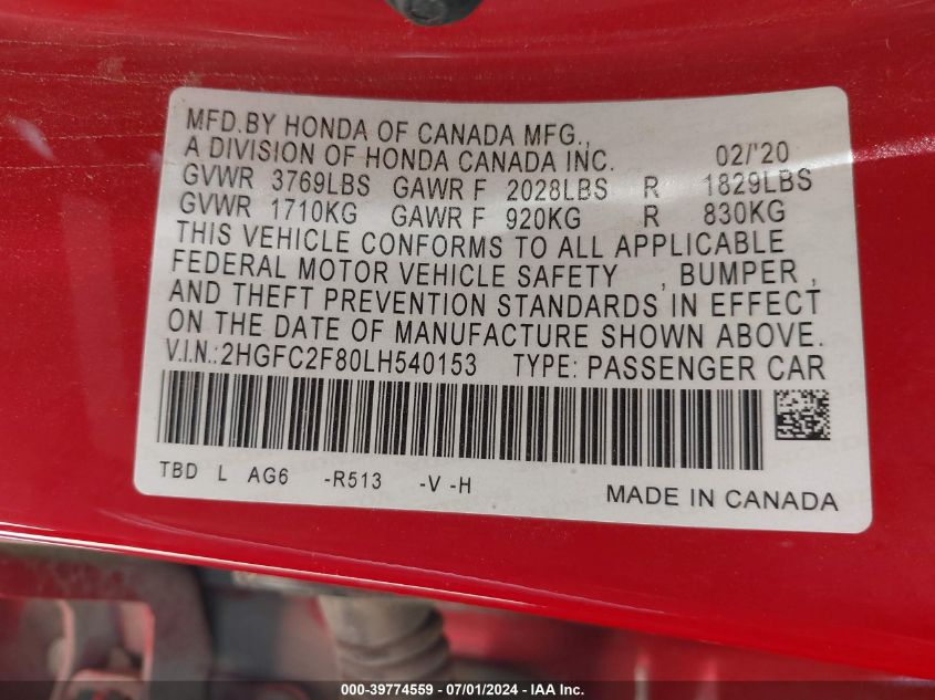 2020 Honda Civic Sport VIN: 2HGFC2F80LH540153 Lot: 39774559