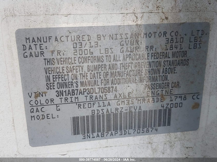 2013 Nissan Sentra Sr VIN: 3N1AB7AP3DL705874 Lot: 39774587