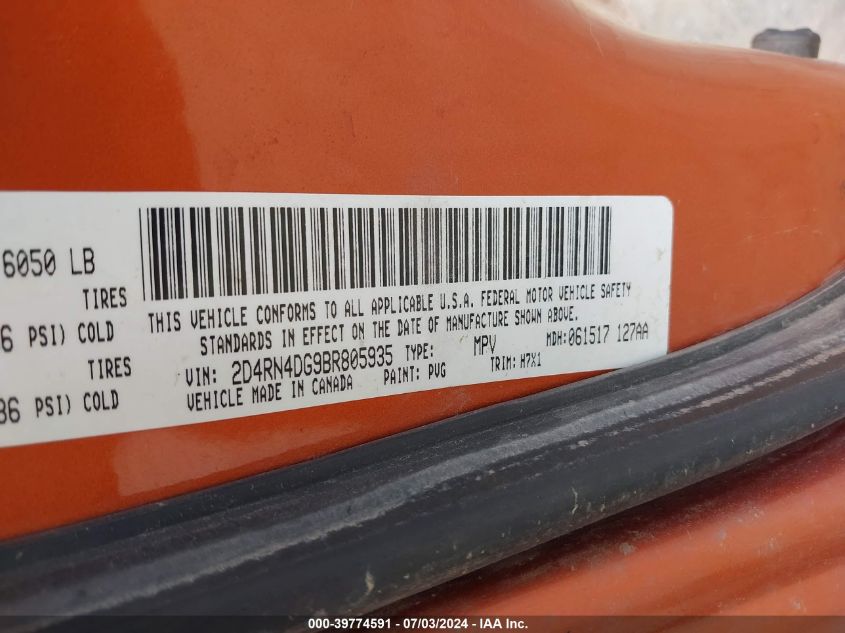 2011 Dodge Grand Caravan Express VIN: 2D4RN4DG9BR805935 Lot: 39774591