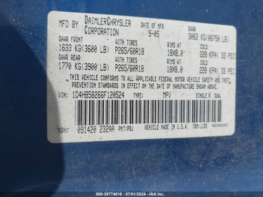 2006 Dodge Durango Limited VIN: 1D4HB58266F120524 Lot: 39774616