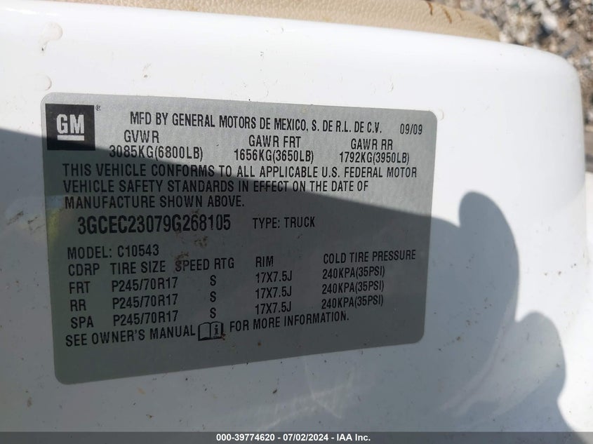 2009 Chevrolet Silverado 1500 Lt VIN: 3GCEC23079G268105 Lot: 39774620