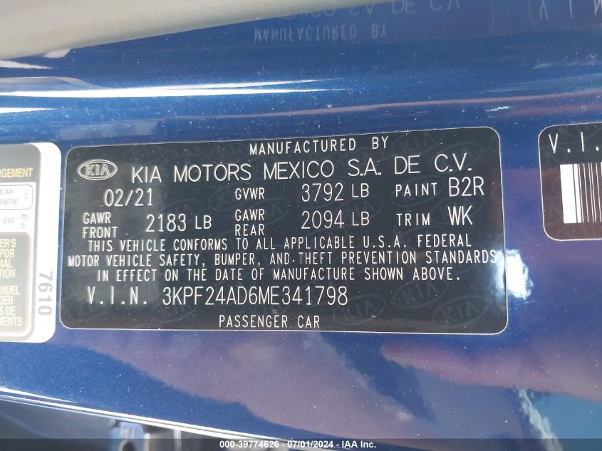 VIN 3KPF24AD6ME341798 2021 KIA FORTE FE/LXS