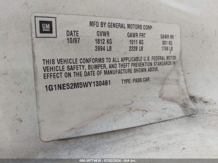 1998 Chevrolet Malibu Ls VIN: 1G1NE52M5WY130461 Lot: 39774630