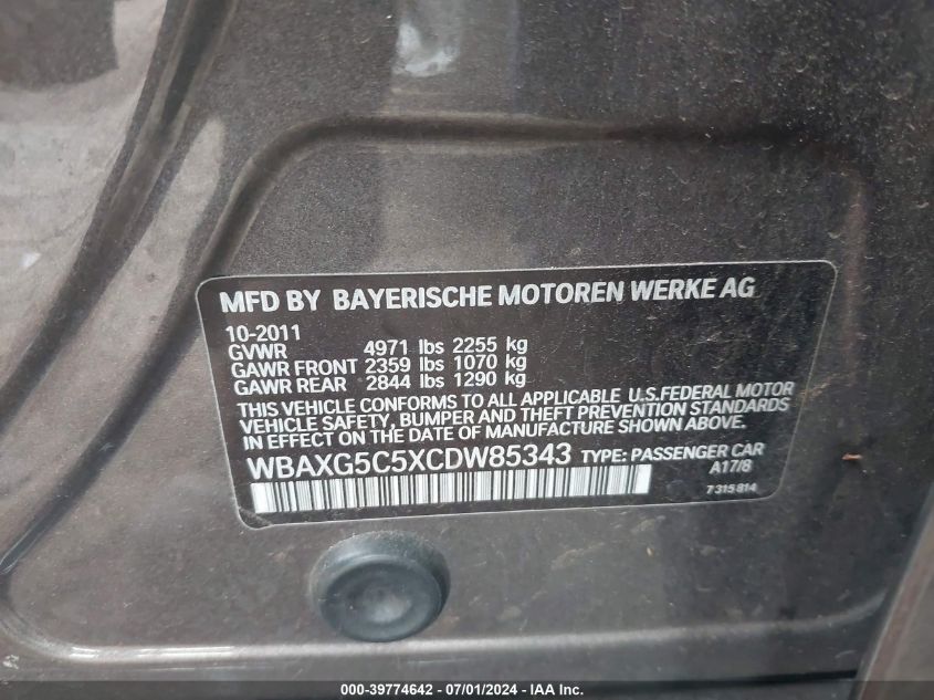 2012 BMW 528I VIN: WBAXG5C5XCDW85343 Lot: 39774642