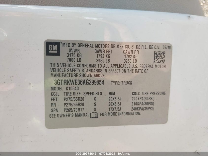 2010 GMC Sierra 1500 Slt VIN: 3GTRKWE36AG299854 Lot: 39774643