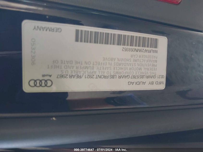 2021 Audi S6 Prestige Tfsi Quattro Tiptronic VIN: WAUFFAF29MN059352 Lot: 39774647