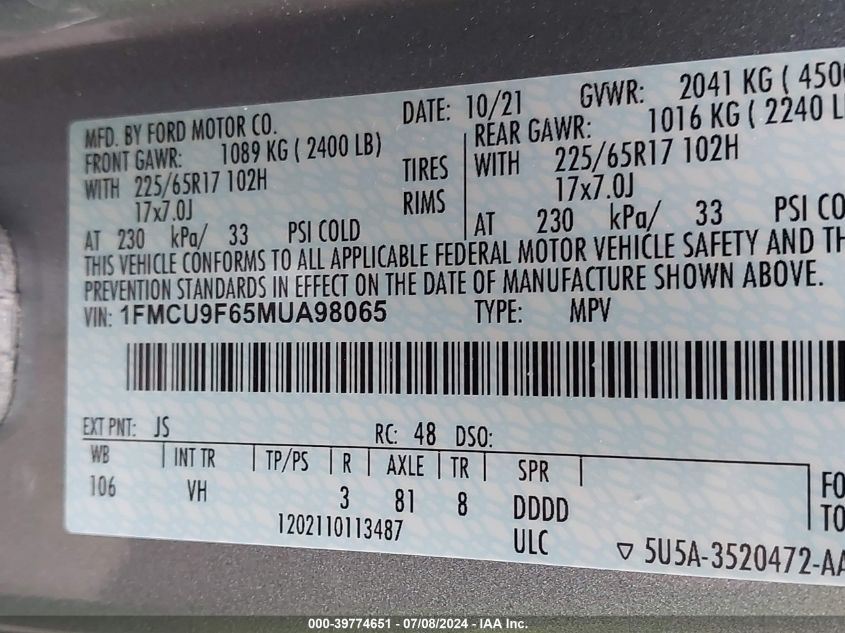 2021 Ford Escape S VIN: 1FMCU9F65MUA98065 Lot: 39774651