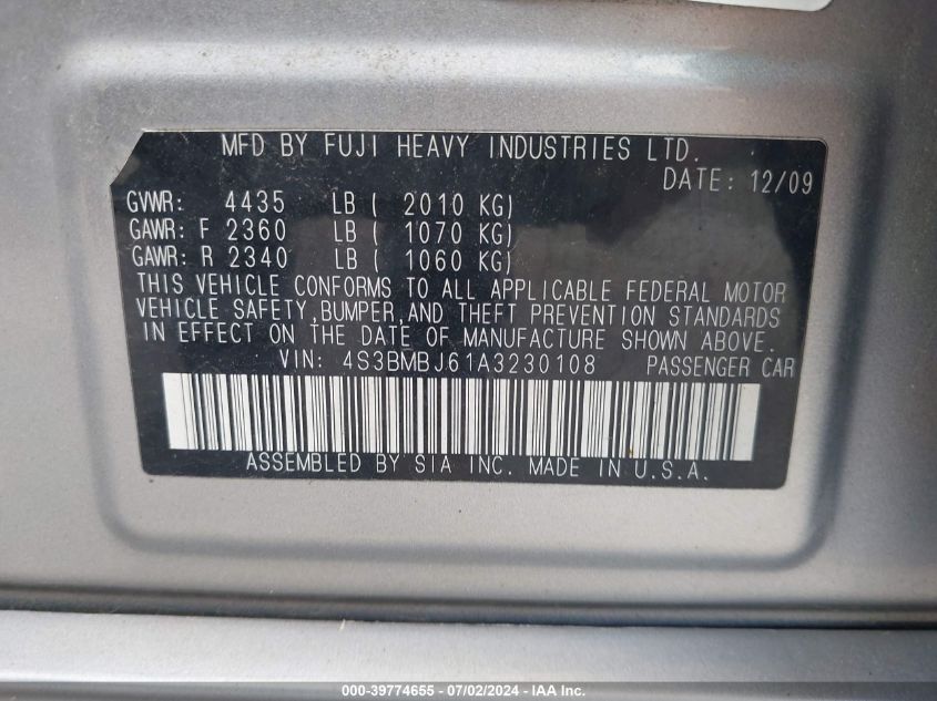 2010 Subaru Legacy 2.5I Limited VIN: 4S3BMBJ61A3230108 Lot: 39774655
