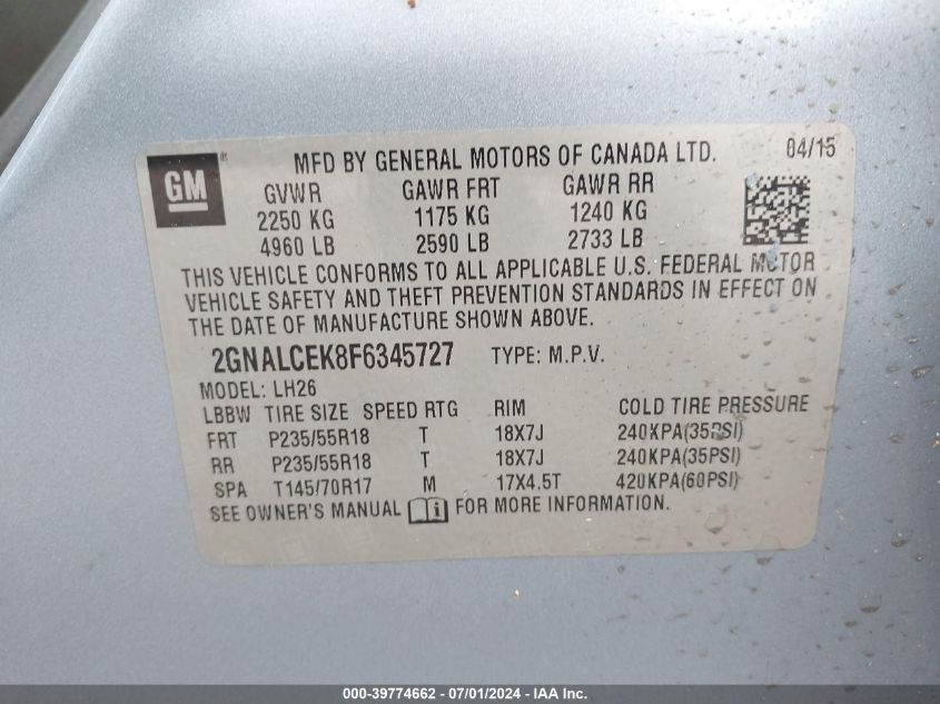 2015 Chevrolet Equinox 2Lt VIN: 2GNALCEK8F6345727 Lot: 39774662