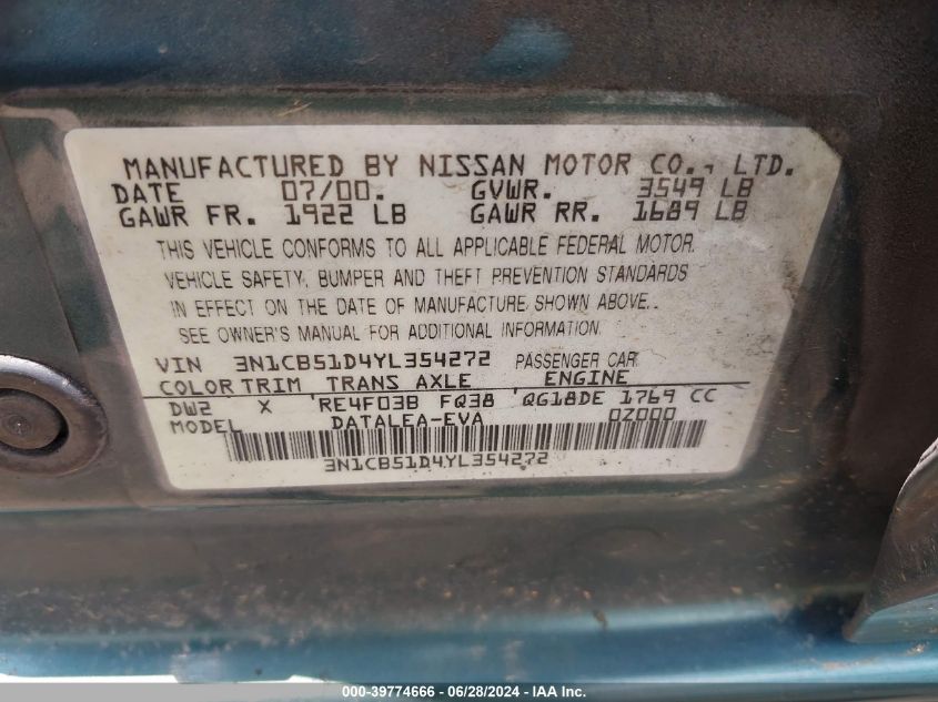 2000 Nissan Sentra Gxe/Xe VIN: 3N1CB51D4YL354272 Lot: 39774666
