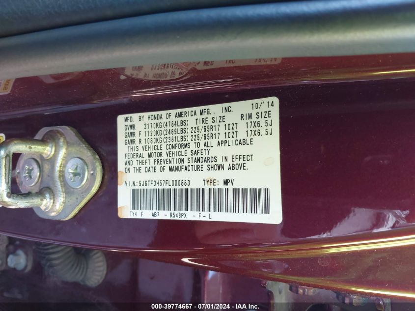 2015 Honda Crosstour Ex-L VIN: 5J6TF3H57FL000883 Lot: 39774667