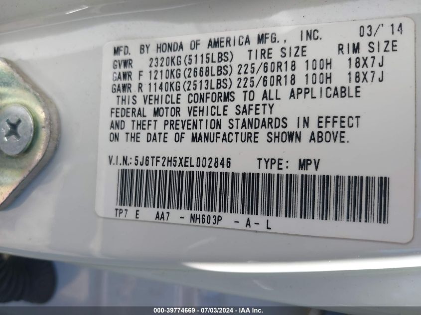 2014 Honda Crosstour Exl VIN: 5J6TF2H5XEL002846 Lot: 39774669