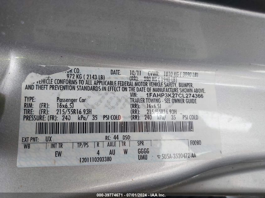 2012 Ford Focus Se VIN: 1FAHP3K27CL274366 Lot: 39774671