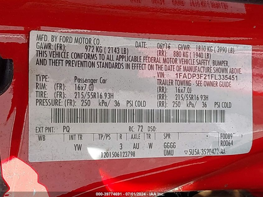 2015 Ford Focus Se VIN: 1FADP3F21FL335451 Lot: 39774691