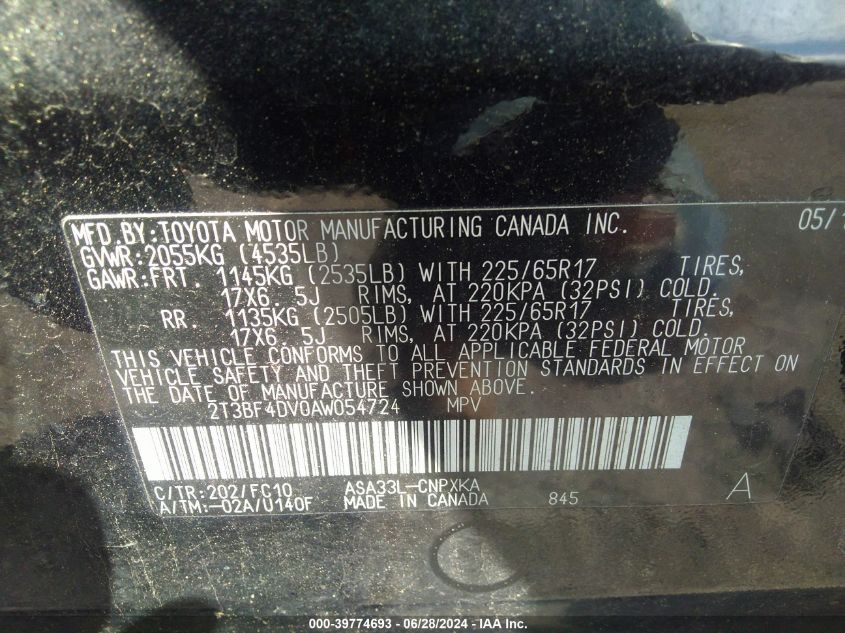 2010 Toyota Rav4 VIN: 2T3BF4DV0AW054724 Lot: 39774693