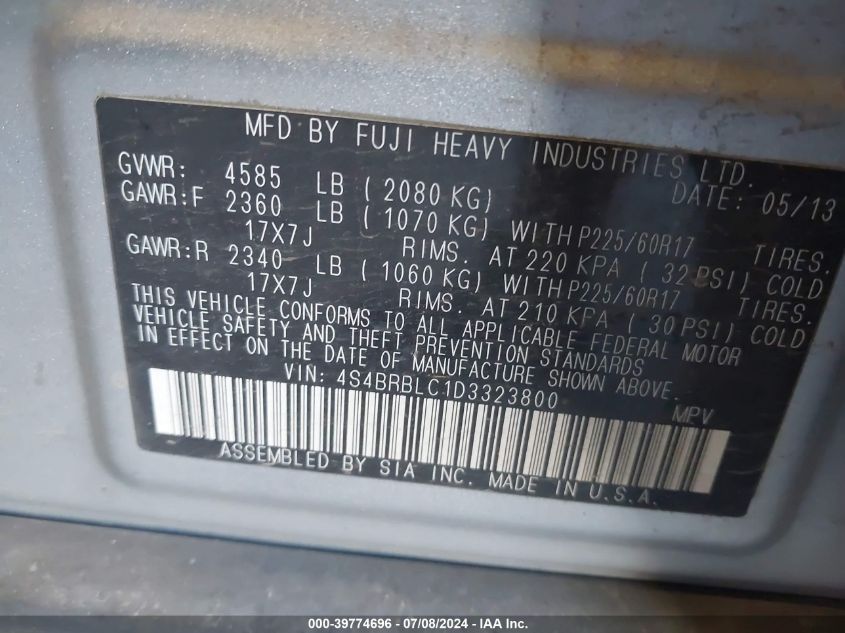 2013 Subaru Outback 2.5I Limited VIN: 4S4BRBLC1D3323800 Lot: 39774696