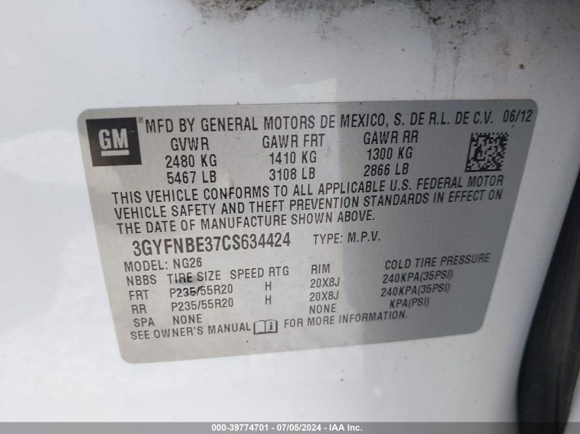 2012 Cadillac Srx Performance Collection VIN: 3GYFNBE37CS634424 Lot: 39774701