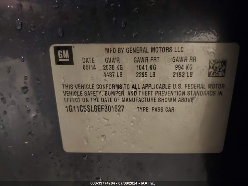 2014 Chevrolet Malibu 1Lt VIN: 1G11C5SL6EF301627 Lot: 39774704