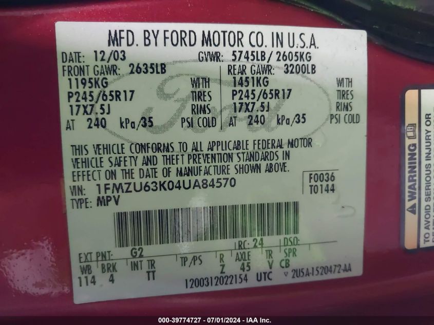 2004 Ford Explorer Xlt VIN: 1FMZU63K04UA84570 Lot: 39774727