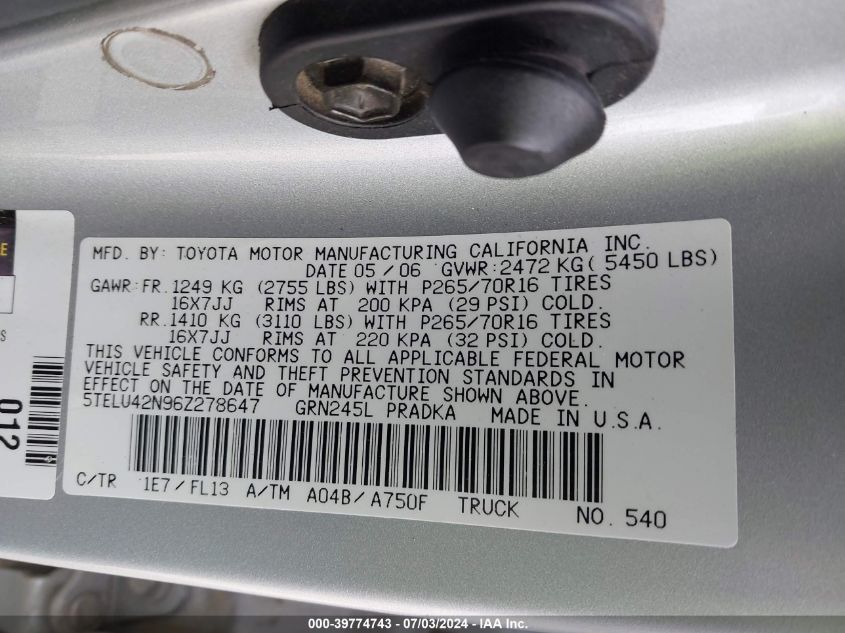 2006 Toyota Tacoma Base V6 VIN: 5TELU42N96Z278647 Lot: 39774743