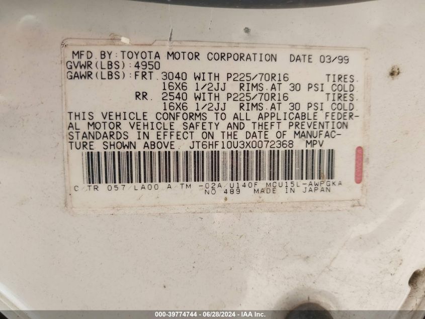 1999 Lexus Rx 300 VIN: JT6HF10U3X0072368 Lot: 39774744