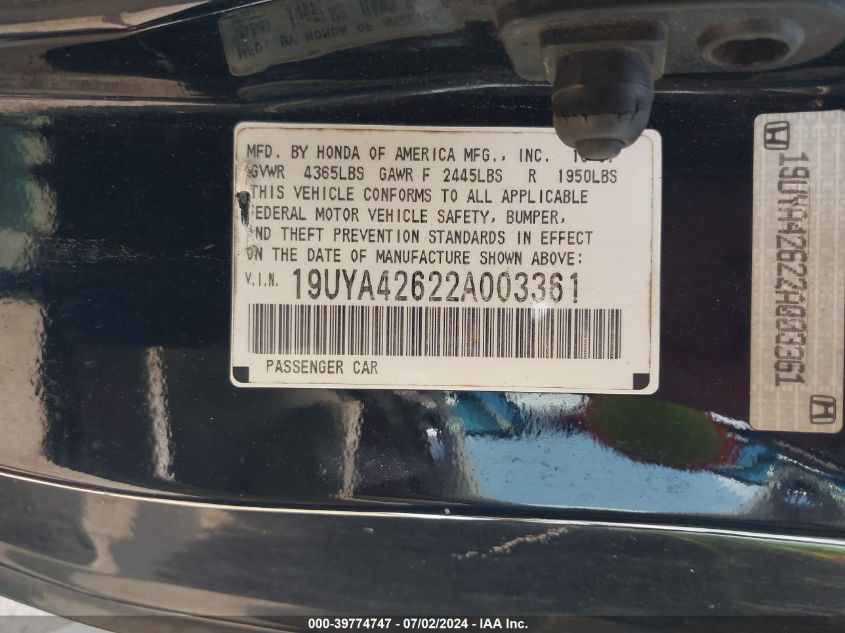 2002 Acura Cl 3.2 Type S VIN: 19UYA42622A003361 Lot: 39774747