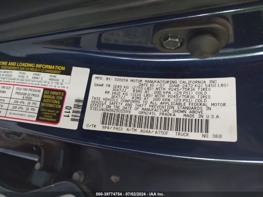 2008 Toyota Tacoma Double Cab VIN: 5TELU42N38Z505589 Lot: 39774754