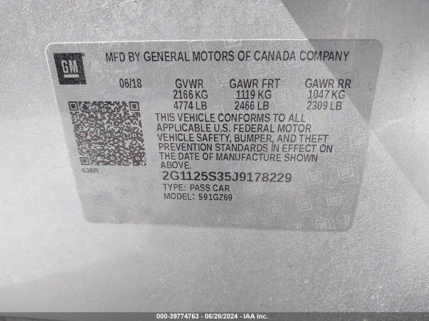 2018 Chevrolet Impala 2Lz VIN: 2G1125S35J9178229 Lot: 39774763