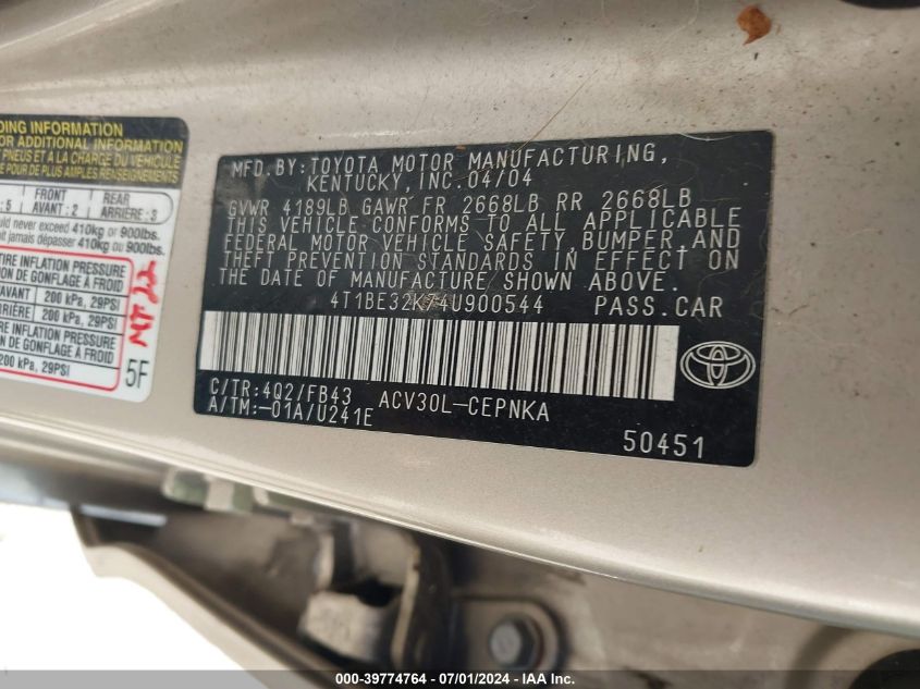 2004 Toyota Camry Le VIN: 4T1BE32K74U900544 Lot: 39774764