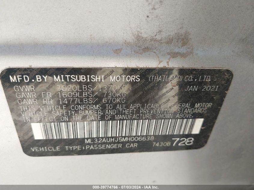 2021 Mitsubishi Mirage Es/Le/Carbonite Edition VIN: ML32AUHJ5MH006638 Lot: 39774766