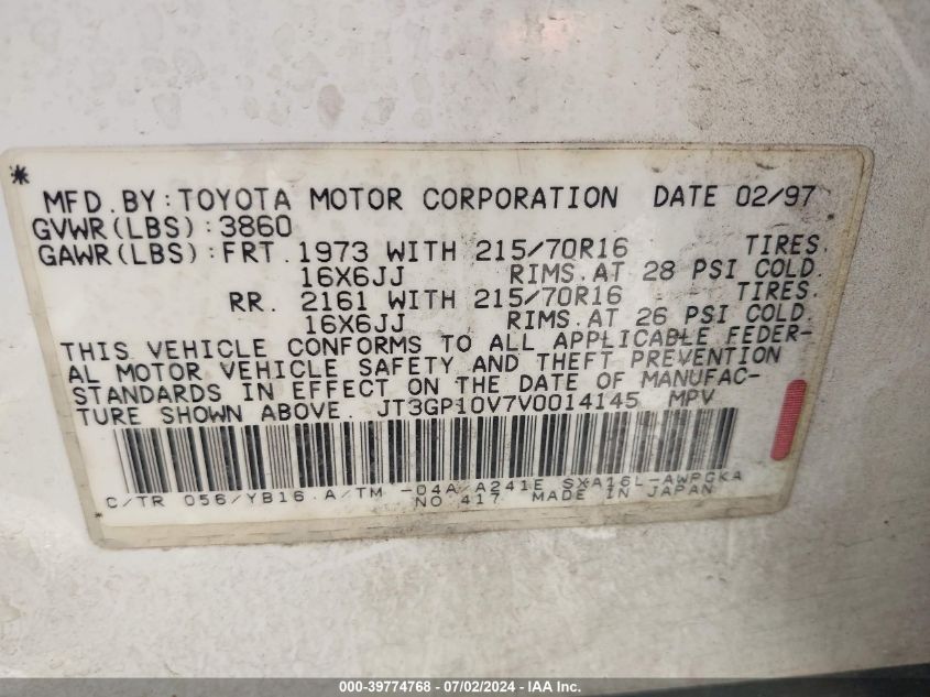 1997 Toyota Rav4 VIN: JT3GP10V7V0014145 Lot: 39774768