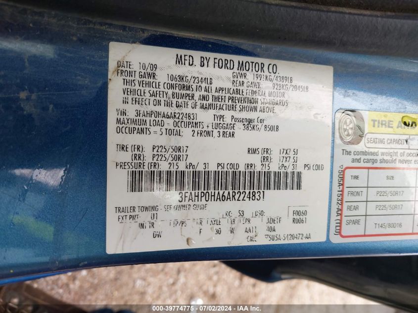 2010 Ford Fusion Se VIN: 3FAHP0HA6AR224831 Lot: 39774775