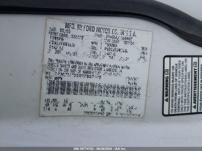 2002 Ford Explorer Xls VIN: 1FMZU72E02ZB87408 Lot: 39774783