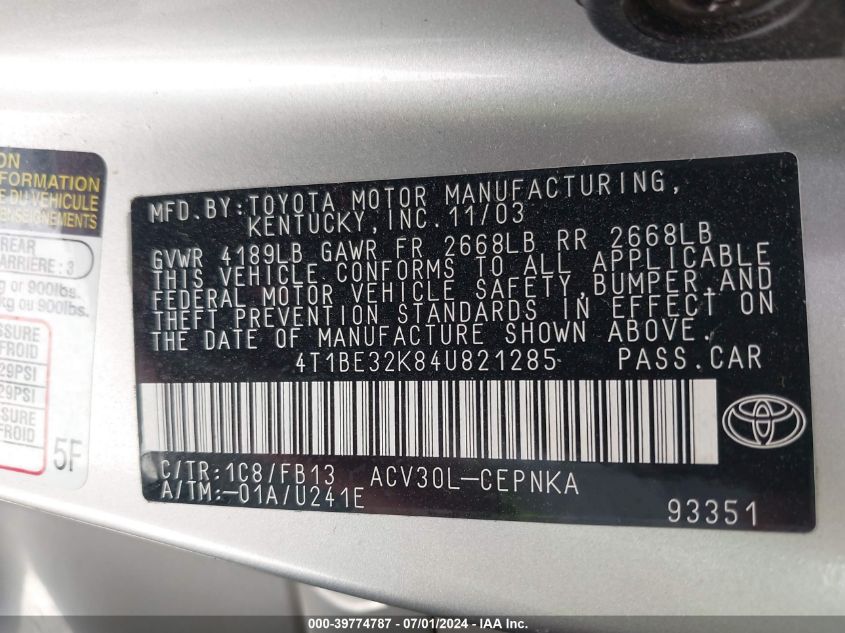 2004 Toyota Camry Le VIN: 4T1BE32K84U821285 Lot: 39774787