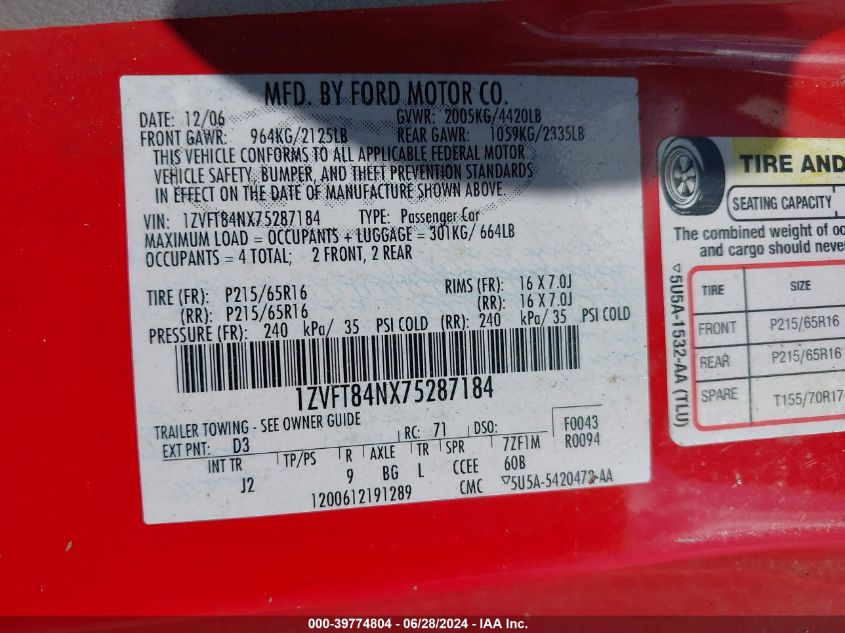 2007 Ford Mustang V6 Deluxe/V6 Premium VIN: 1ZVFT84NX75287184 Lot: 39774804