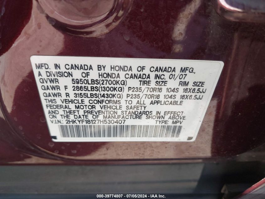 2007 Honda Pilot Lx VIN: 2HKYF18127H530407 Lot: 39774807