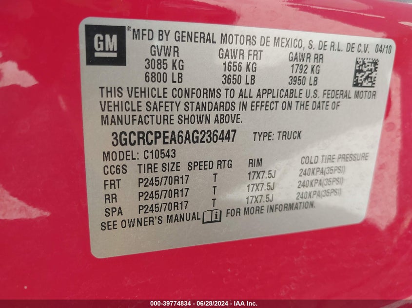 2010 Chevrolet Silverado 1500 Work Truck VIN: 3GCRCPEA6AG236447 Lot: 39774834